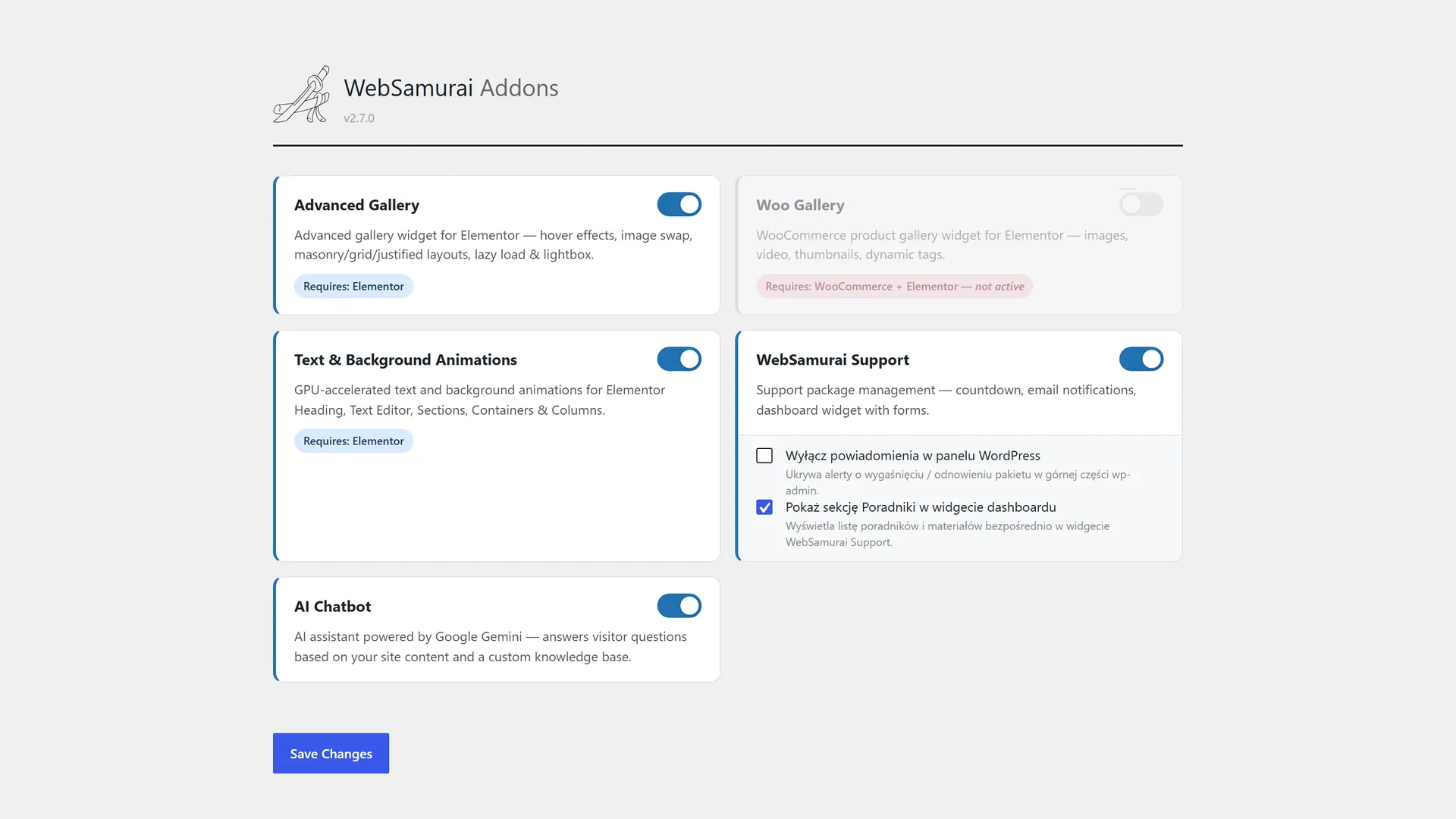 Ekran „WebSamurai Addons” w wersji 2.7.0: pięć kart modułów z przełącznikami, karta Woo Gallery wyszarzona z czerwoną etykietą „Requires: WooCommerce + Elementor, not active”, pod kartą WebSamurai Support dwa dodatkowe ustawienia