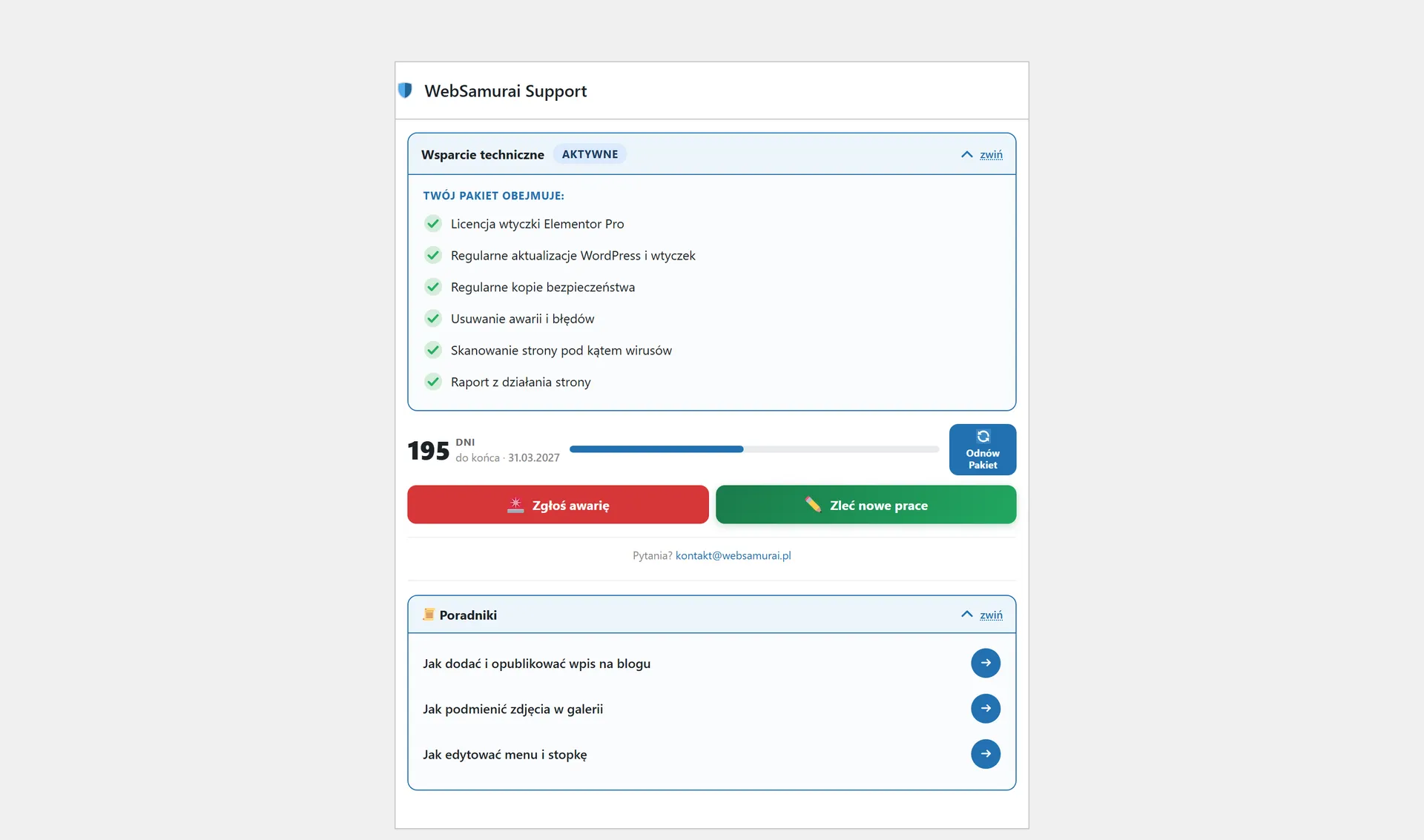 Widget „WebSamurai Support” w kokpicie WordPressa: status „Wsparcie techniczne, AKTYWNE”, rozwinięta lista sześciu usług z zielonymi znaczkami, licznik „195 dni do końca, 31.03.2027” z paskiem postępu, przyciski „Zgłoś awarię” i „Zleć nowe prace” oraz sekcja „Poradniki” z trzema materiałami