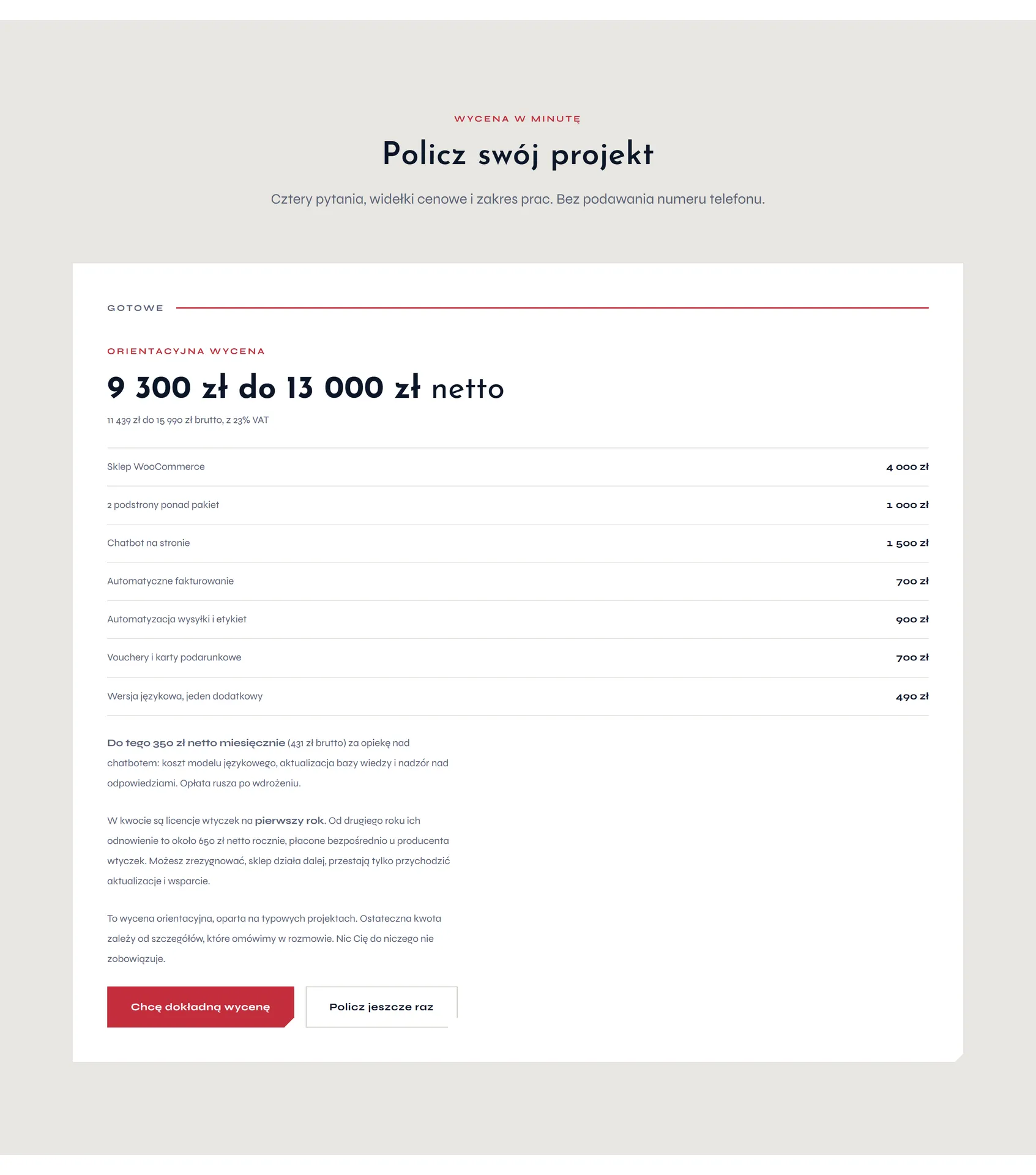 Ekran wyniku: nagłówek „Orientacyjna wycena”, widełki kwotowe netto, pod nimi wartość brutto, lista pozycji z kwotami oraz osobne akapity o opłacie miesięcznej i o kosztach odnawianych co rok
